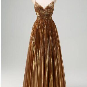 Zapakas Golden A-Line Spaghetti Straps Cut Out Ruched Metallic Long Prom Dress